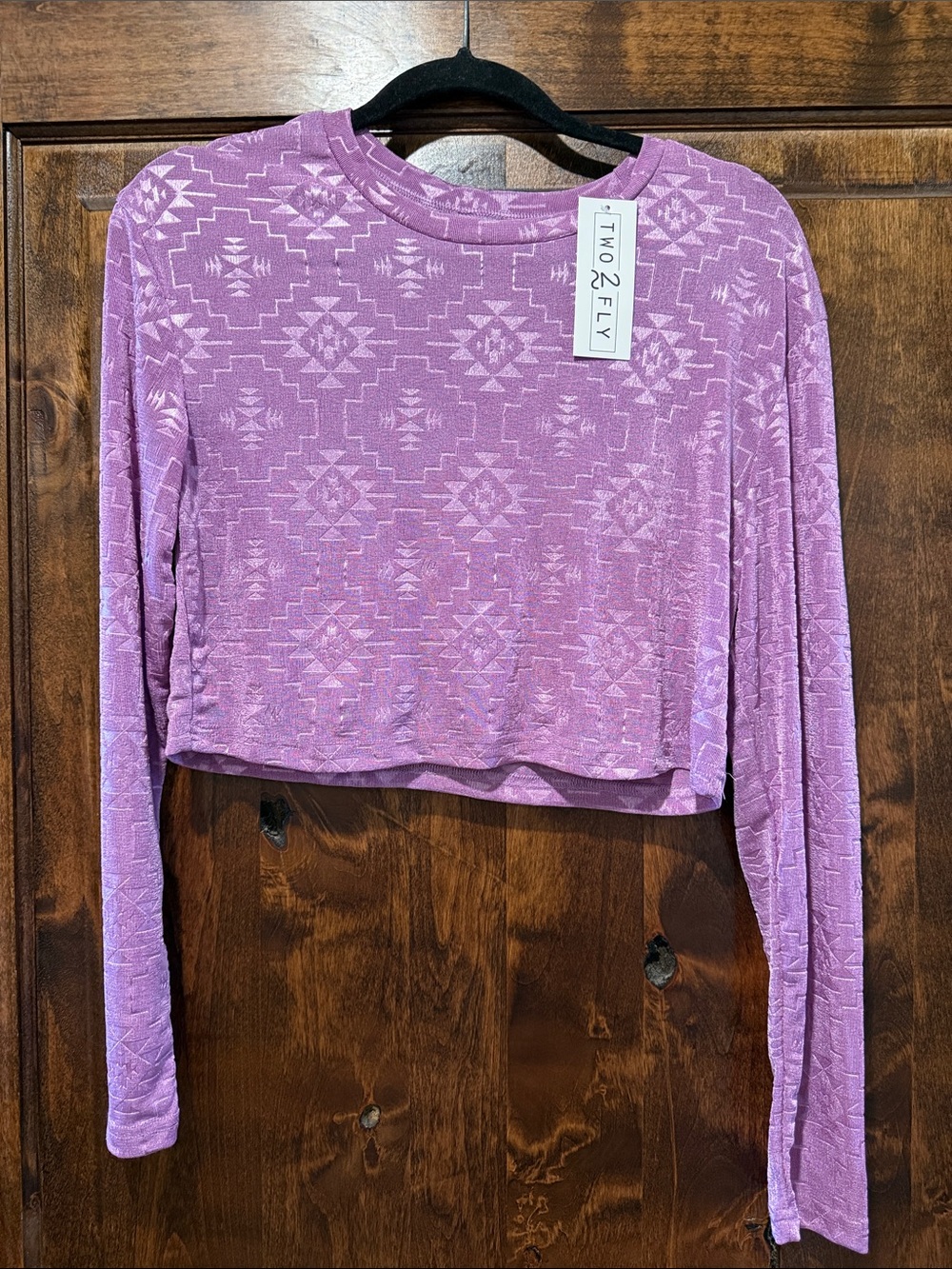 Women's Lavender Aztec Cropped Long-Sleeve Top